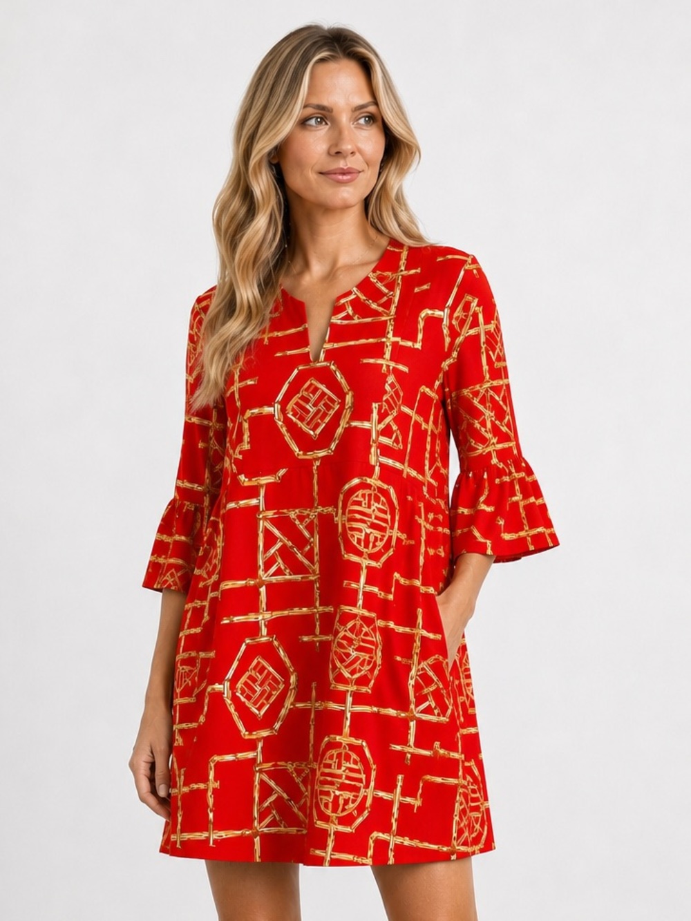 Jude Connally Kelly Dress M NWT Red Gold Bamboo Print 3/4 Sleeve Pockets